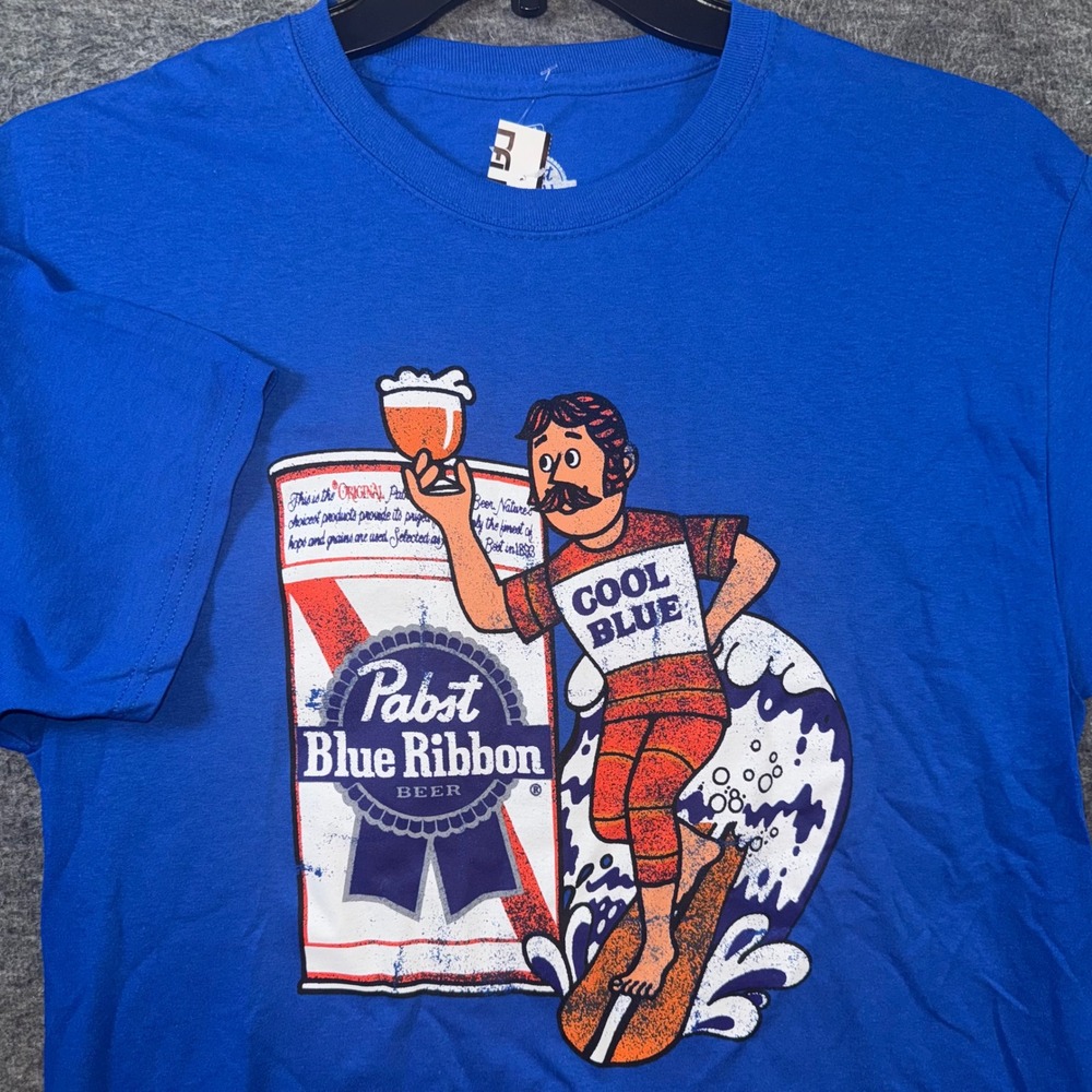 Pabst Blue Ribbon Beer T Shirt Men Surfer Dude Graphic Tee Cool Blue Sz M NEW
